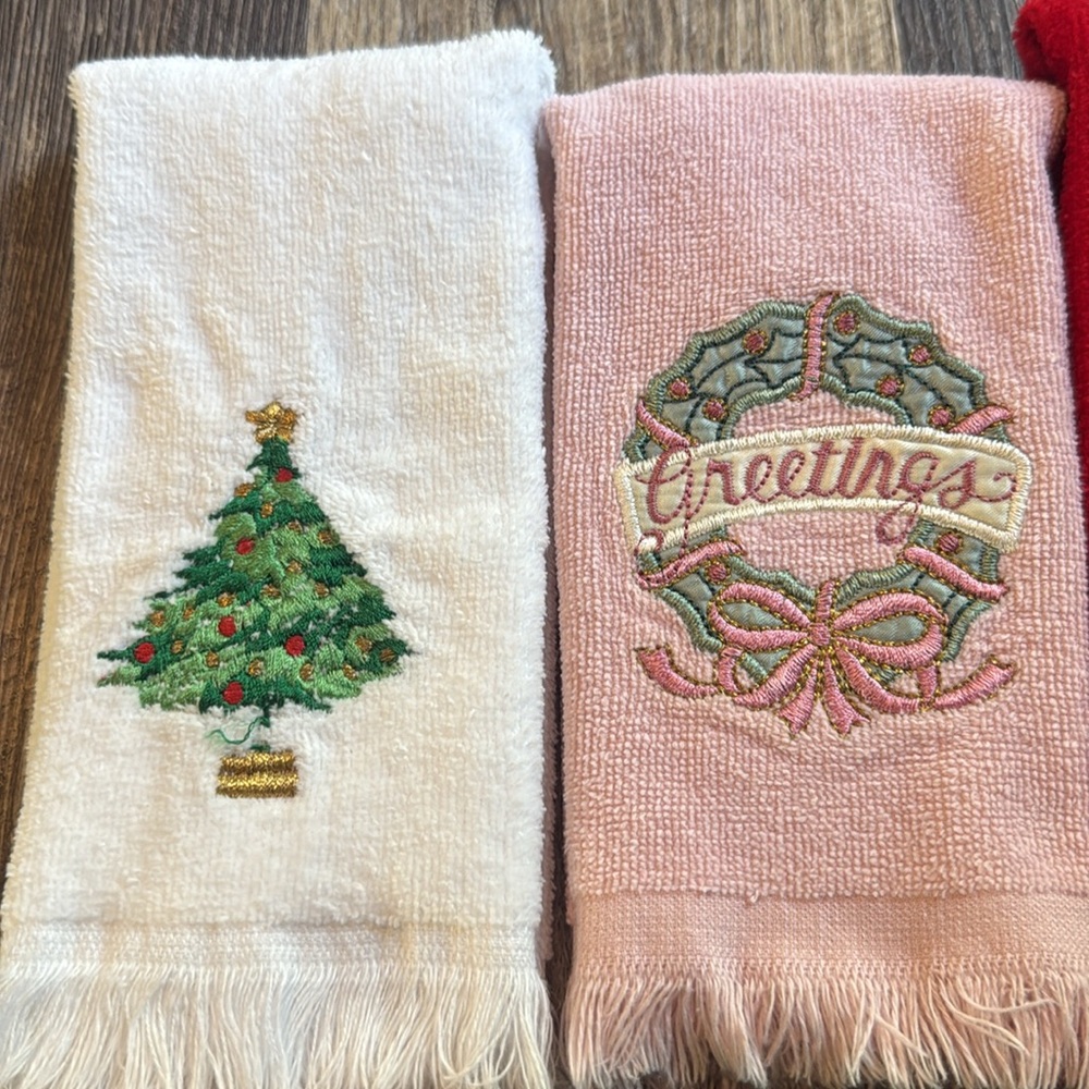 Vintage Set Of 6 Hand Guest Towels Christmas Holiday Fringe Cotton Embroidered - Picture 2 of 16